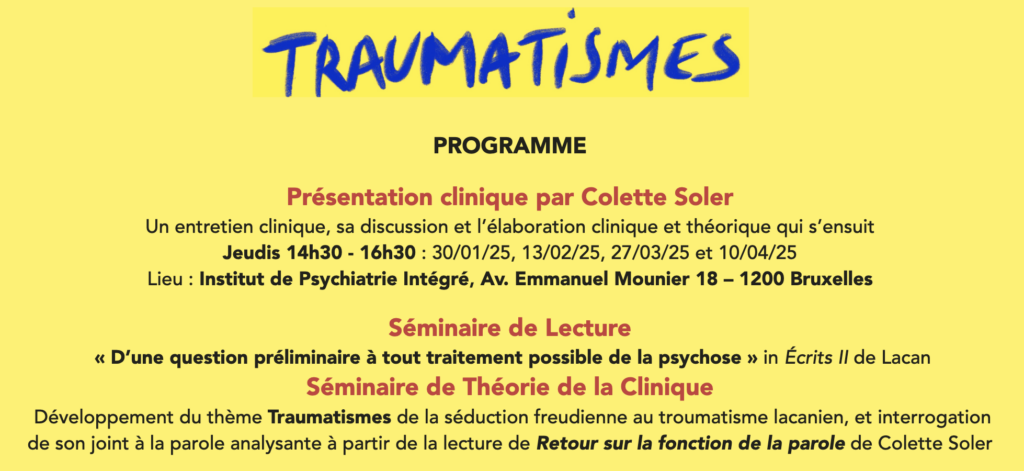 Début du programme sur fond jaune. Le titre Traumatismes est en rouge, dans une police manuscrite.
